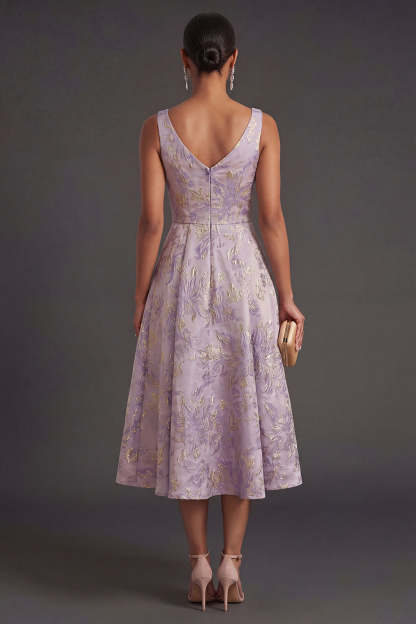 Floral Jacquard Dusty Lilac Thick Straps Midi Wedding Guest Dress