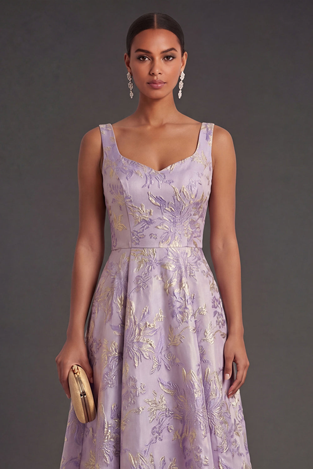 Floral Jacquard Dusty Lilac Thick Straps Midi Wedding Guest Dress