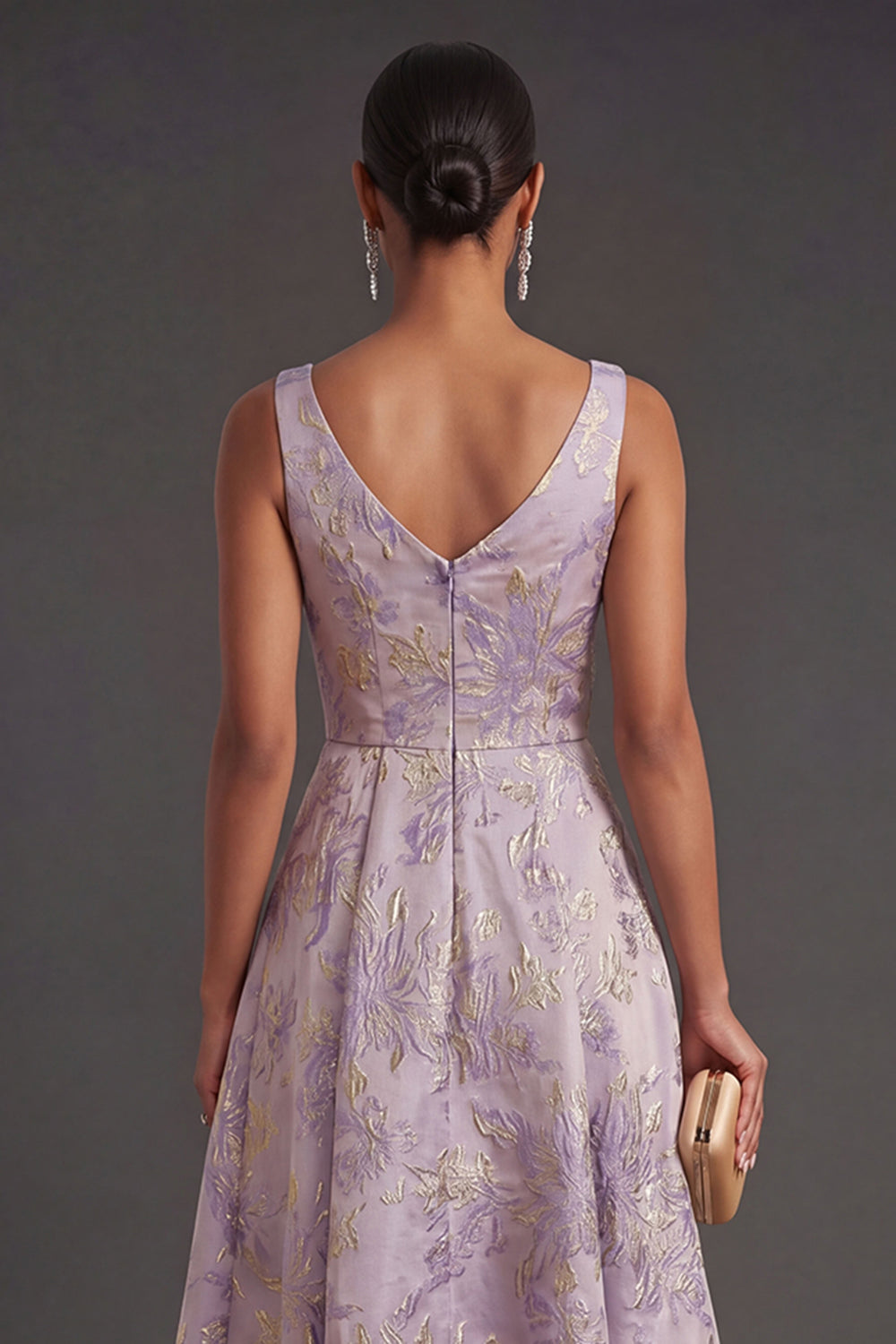 Floral Jacquard Dusty Lilac Thick Straps Midi Wedding Guest Dress