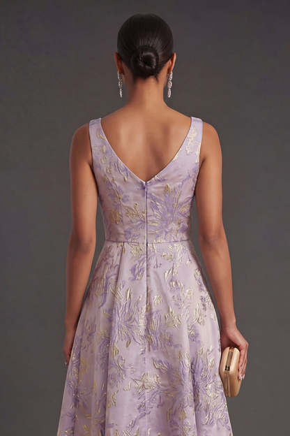 Floral Jacquard Dusty Lilac Thick Straps Midi Wedding Guest Dress