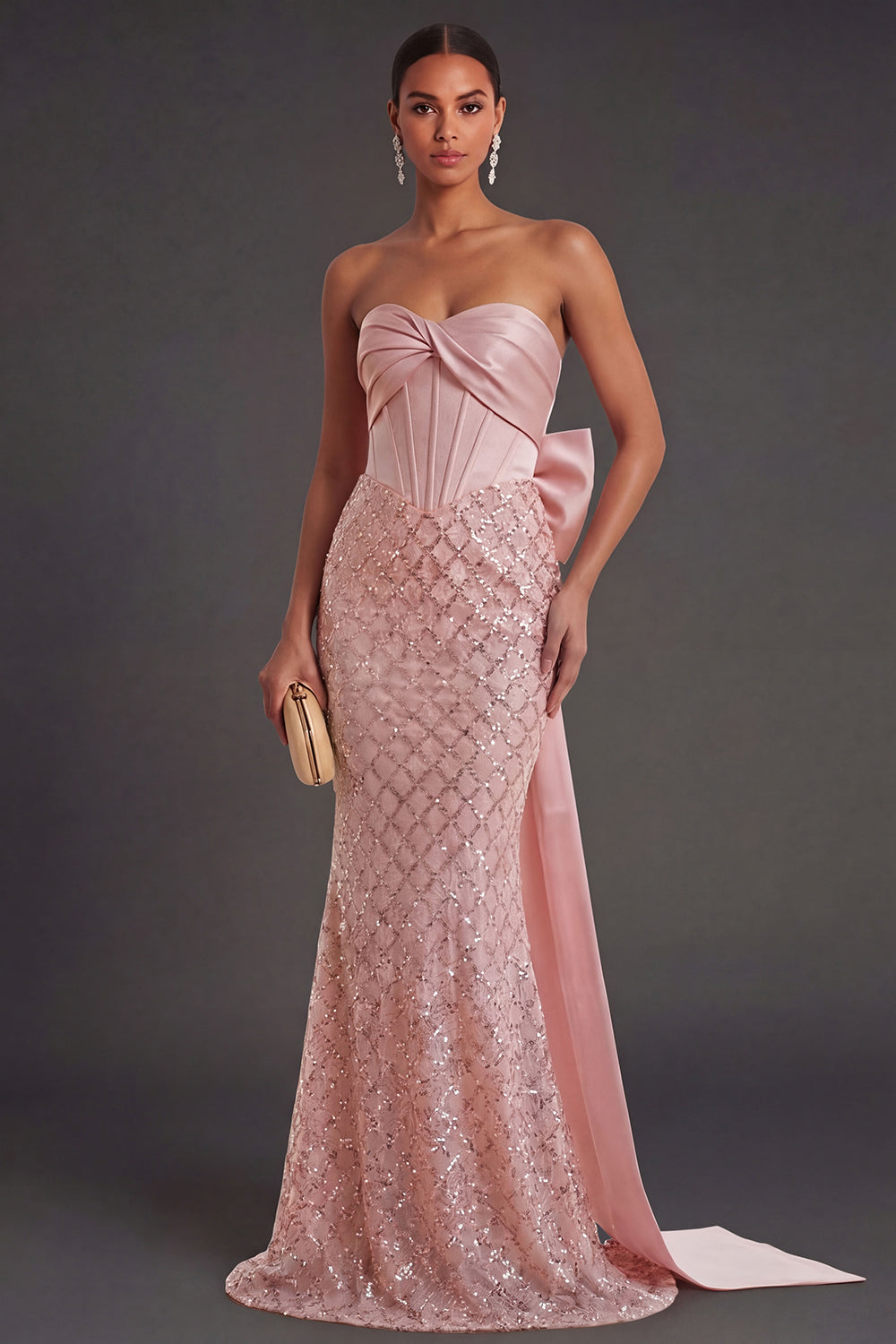 Leely Women Blush Mermaid Corset Long Wedding Guest Dress Sparkly Backless Sleeveless Pageant Dress