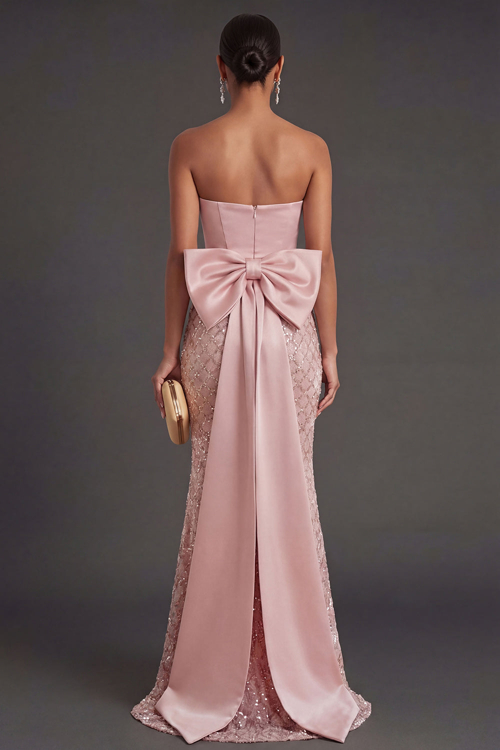 Mermaid Corset Blush Long Wedding Guest Dress with Bow