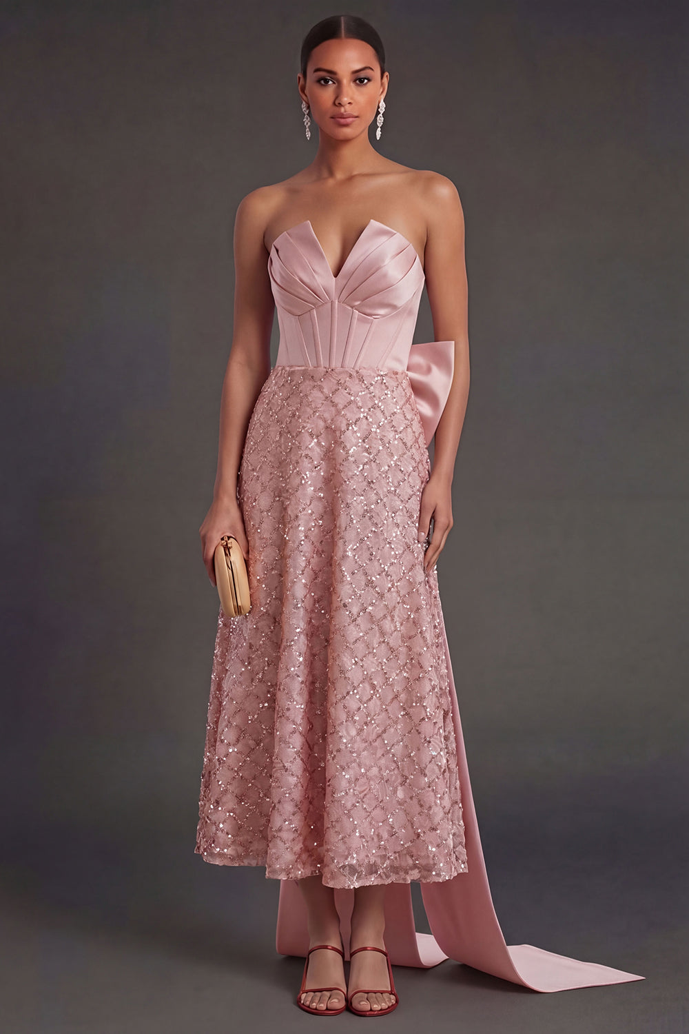 Sparkly Corset Blush Midi Wedding Guest Dress with Cape