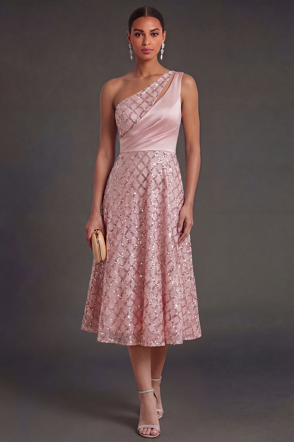 Blush One Shoulder A Line Midi Wedding Guest Dress