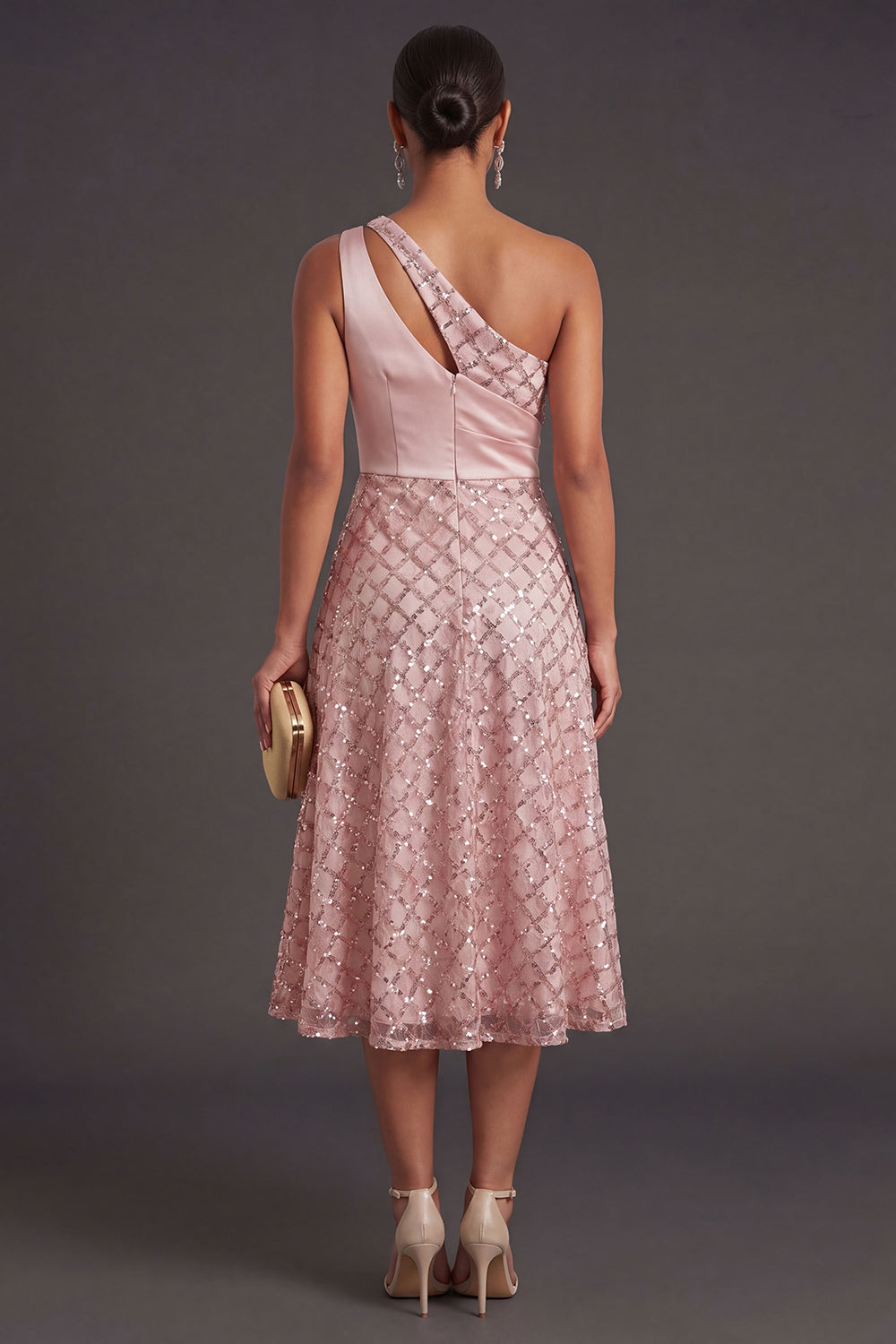 Blush One Shoulder A Line Midi Wedding Guest Dress