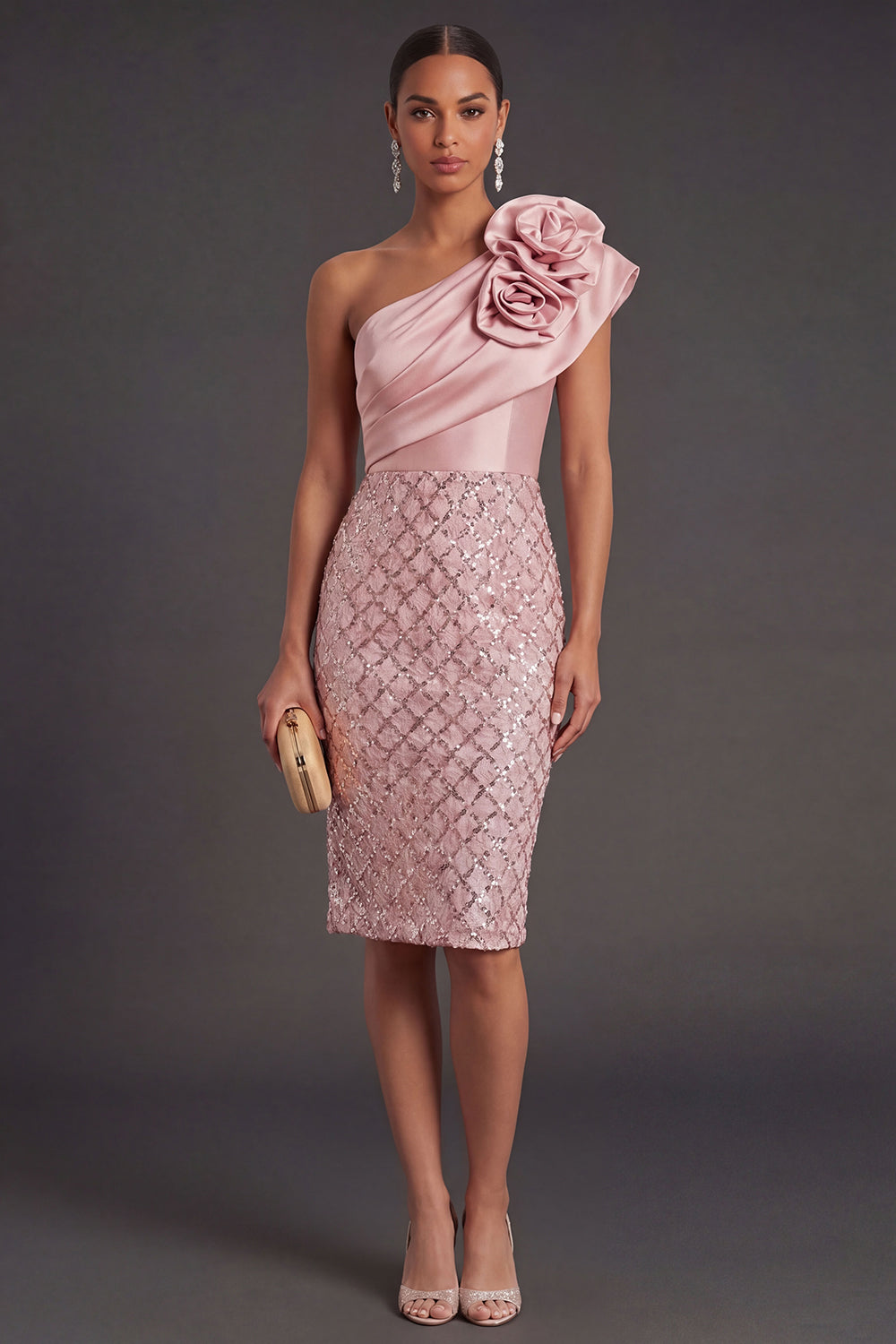 Leely Women Blush Sheath One Shoulder Midi Wedding Guest Dress Backless Sleeveless Formal Dress