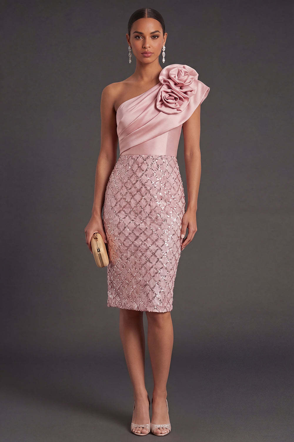 Leely Women Blush Sheath One Shoulder Midi Wedding Guest Dress Backless Sleeveless Formal Dress