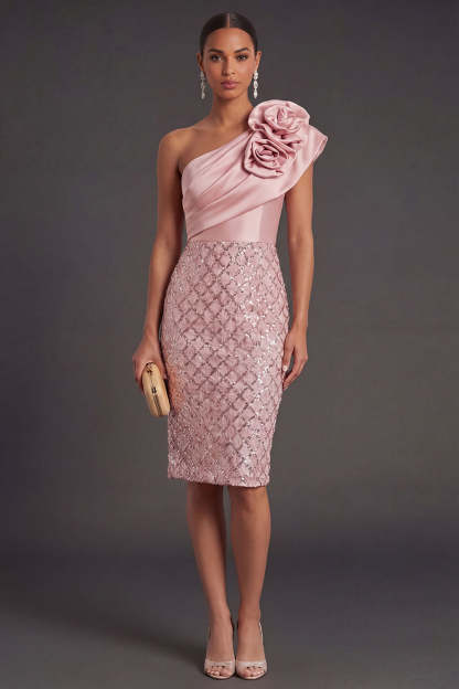Leely Women Blush Sheath One Shoulder Midi Wedding Guest Dress Backless Sleeveless Formal Dress