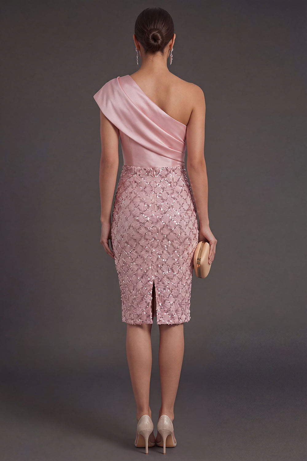 Blush Sheath One Shoulder Midi Wedding Guest Dress