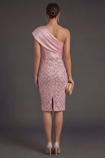 Blush Sheath One Shoulder Midi Wedding Guest Dress