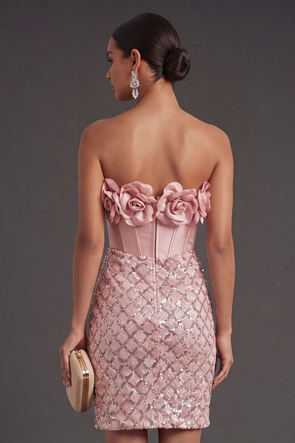 Blush Bodycon Corset Midi Wedding Guest Dress with 3D Flower