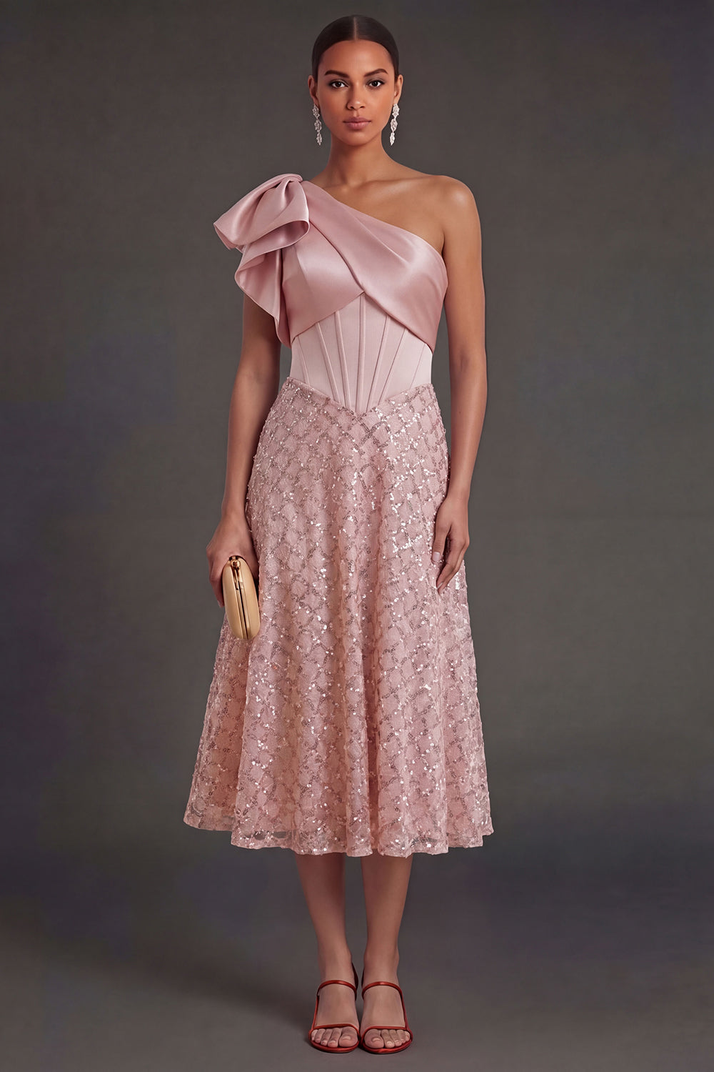 One Shoulder Blush Corset Midi Wedding Guest Dress with Bow