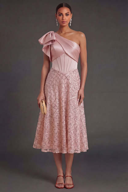 Leely Women One Shoulder Blush Corset Midi Wedding Guest Dress with Bow Ruched Sleeveless Pageant Dress