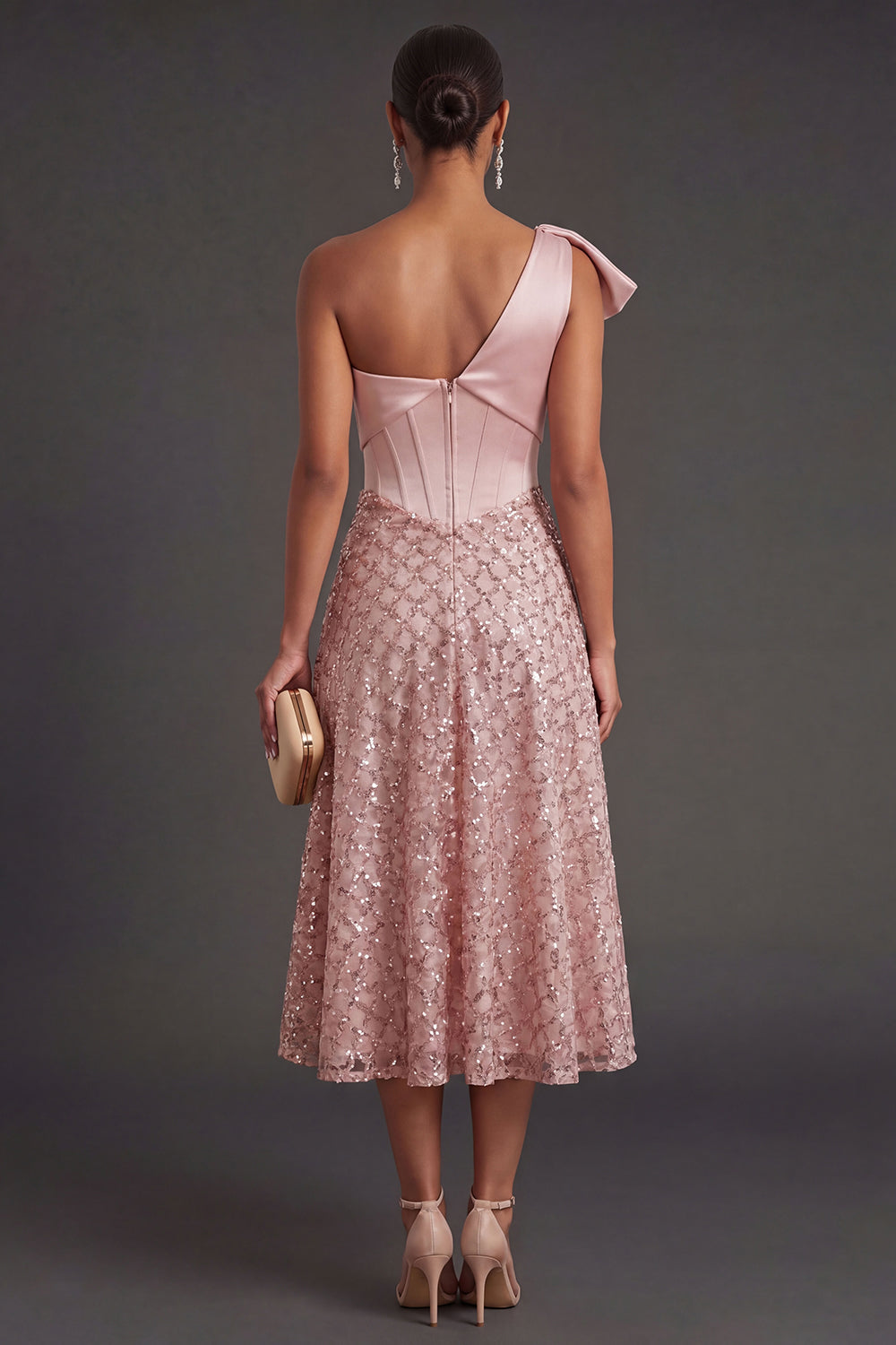One Shoulder Blush Corset Midi Wedding Guest Dress with Bow