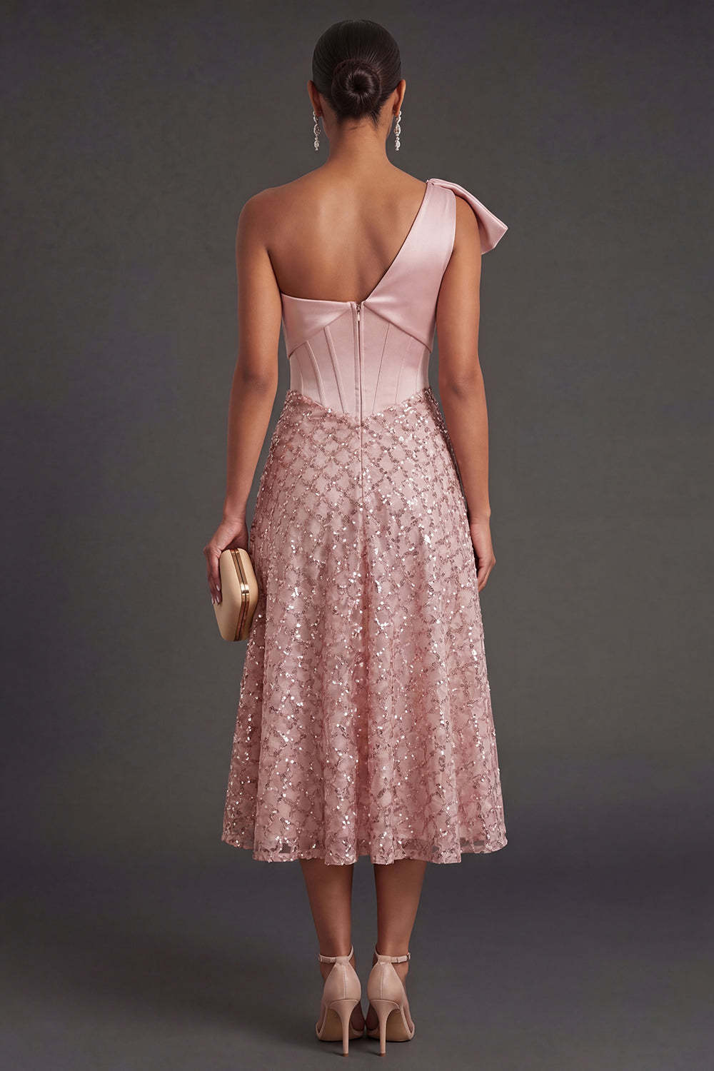One Shoulder Blush Corset Midi Wedding Guest Dress with Bow