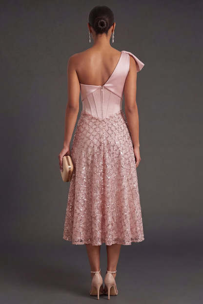 One Shoulder Blush Corset Midi Wedding Guest Dress with Bow