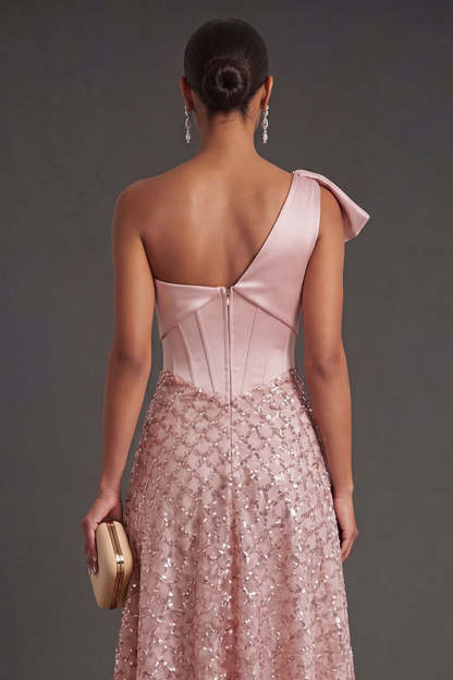 One Shoulder Blush Corset Midi Wedding Guest Dress with Bow