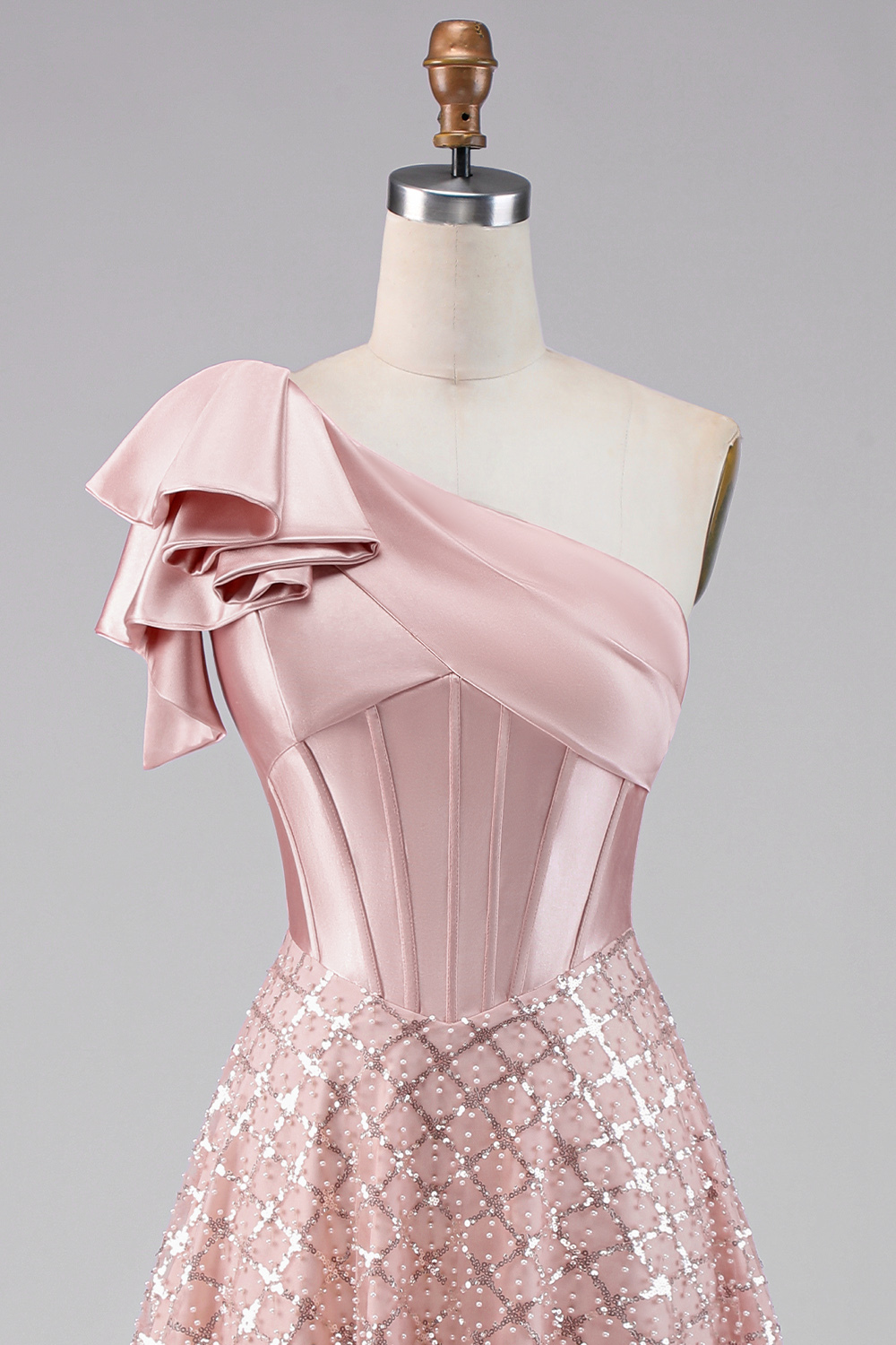 One Shoulder Blush Corset Midi Wedding Guest Dress with Bow