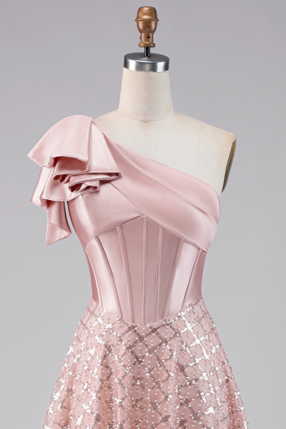 One Shoulder Blush Corset Midi Wedding Guest Dress with Bow