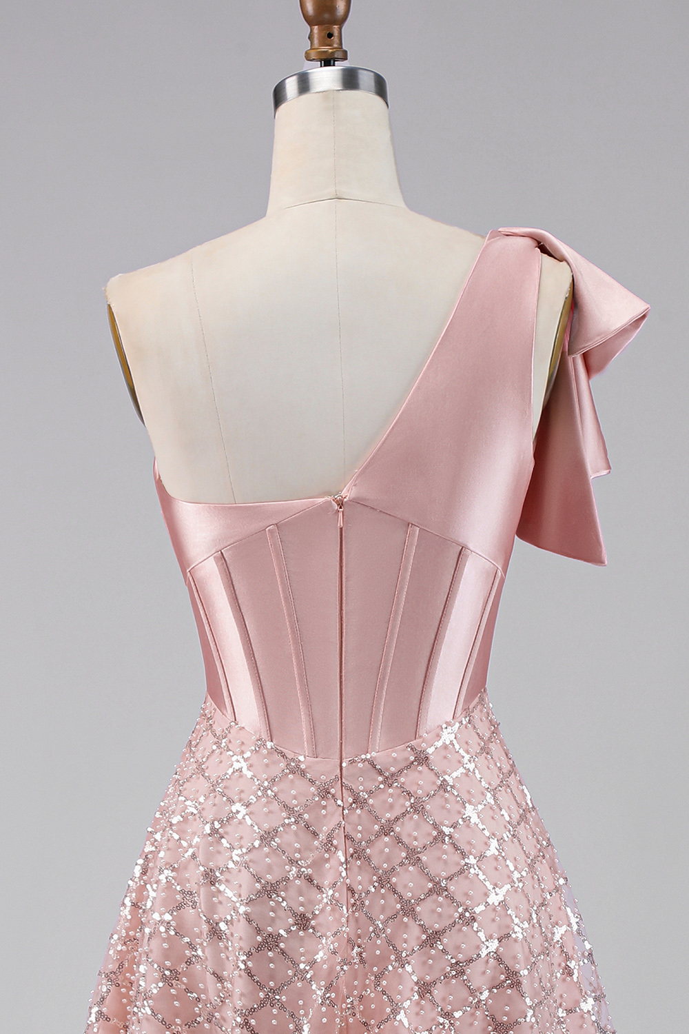 One Shoulder Blush Corset Midi Wedding Guest Dress with Bow