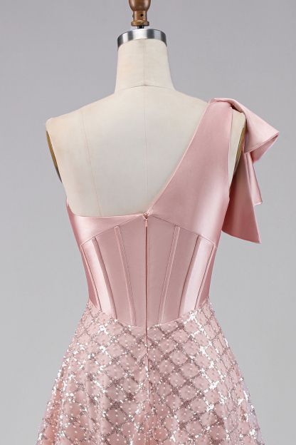 One Shoulder Blush Corset Midi Wedding Guest Dress with Bow
