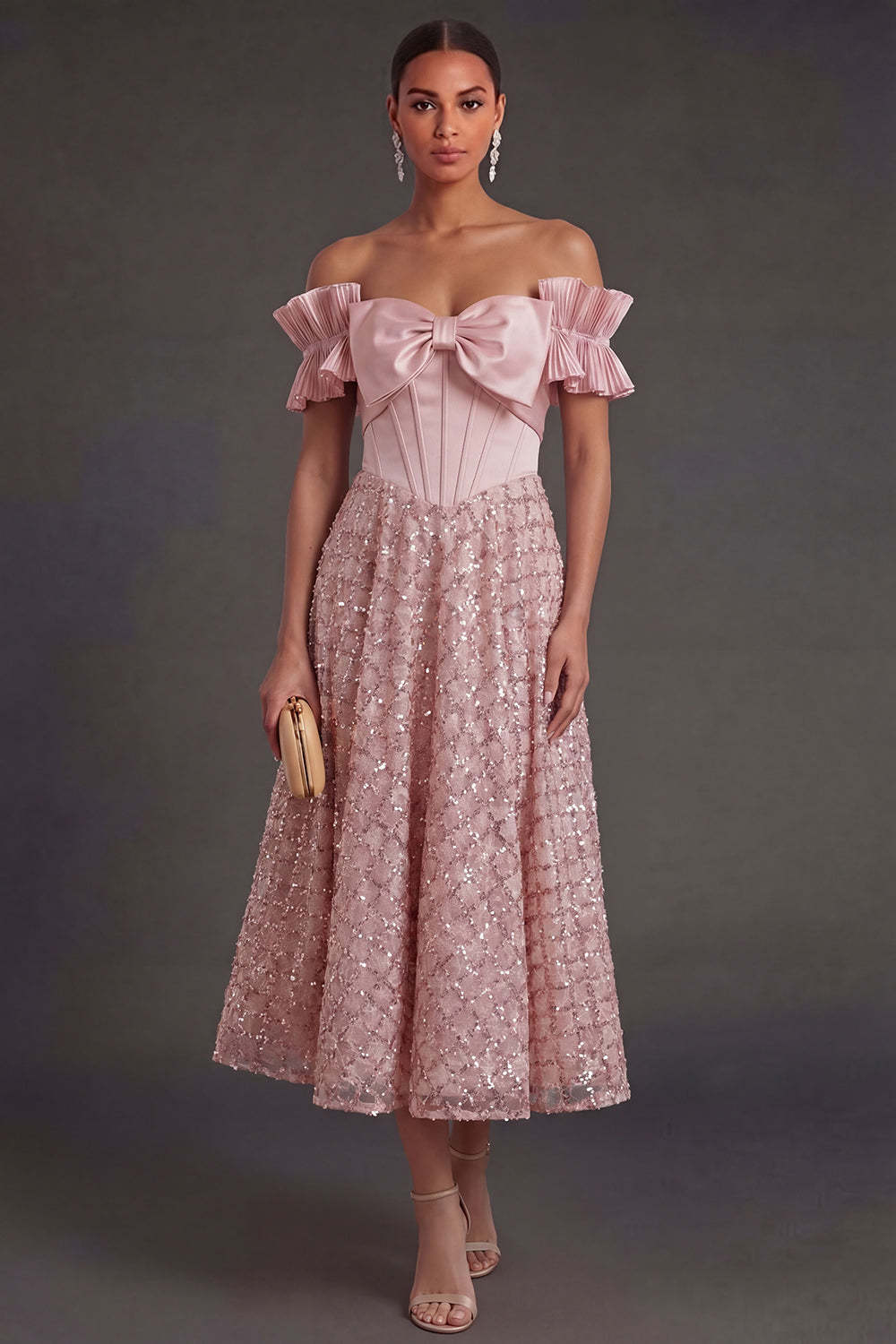 Leely Women Blush A Line Off the Shoulder Midi Wedding Guest Dress with Bow Corset Backless Sleeveless Formal Dress