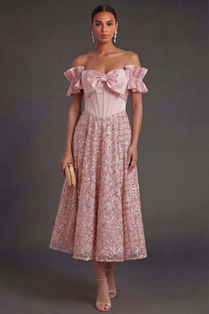 Leely Women Blush A Line Off the Shoulder Midi Wedding Guest Dress with Bow Corset Backless Sleeveless Formal Dress