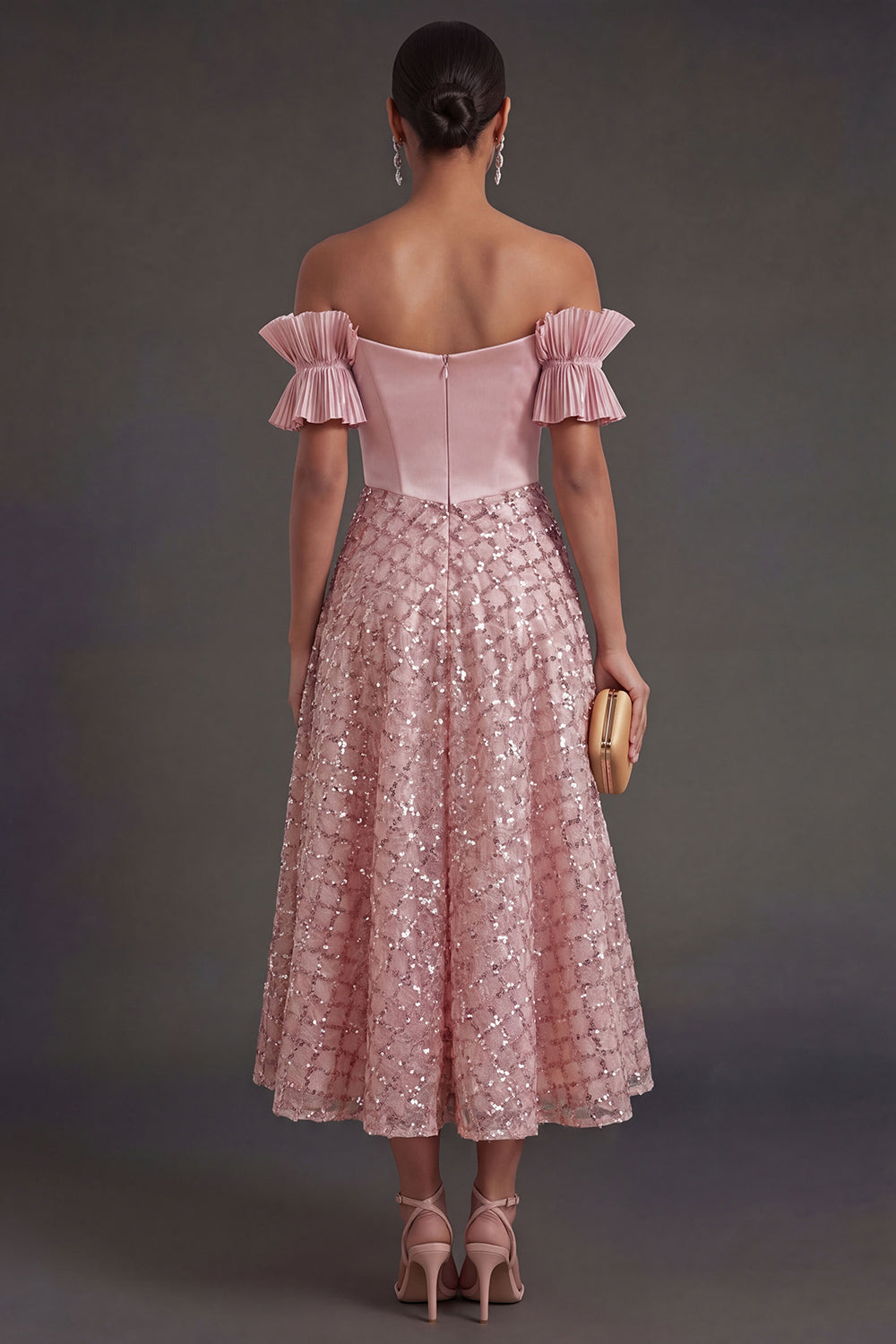 Blush A Line Off the Shoulder Midi Wedding Guest Dress with Bow