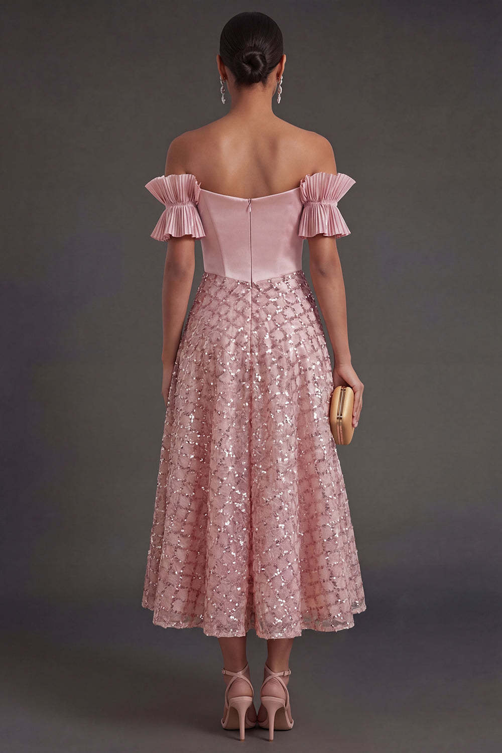 Blush A Line Off the Shoulder Midi Wedding Guest Dress with Bow