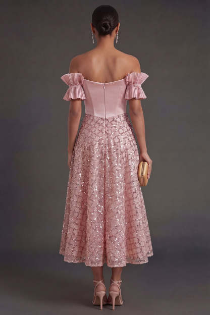 Blush A Line Off the Shoulder Midi Wedding Guest Dress with Bow