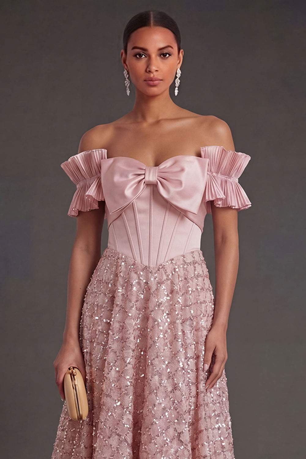 Blush A Line Off the Shoulder Midi Wedding Guest Dress with Bow