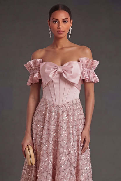 Blush A Line Off the Shoulder Midi Wedding Guest Dress with Bow