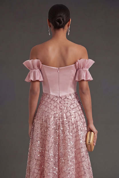 Blush A Line Off the Shoulder Midi Wedding Guest Dress with Bow