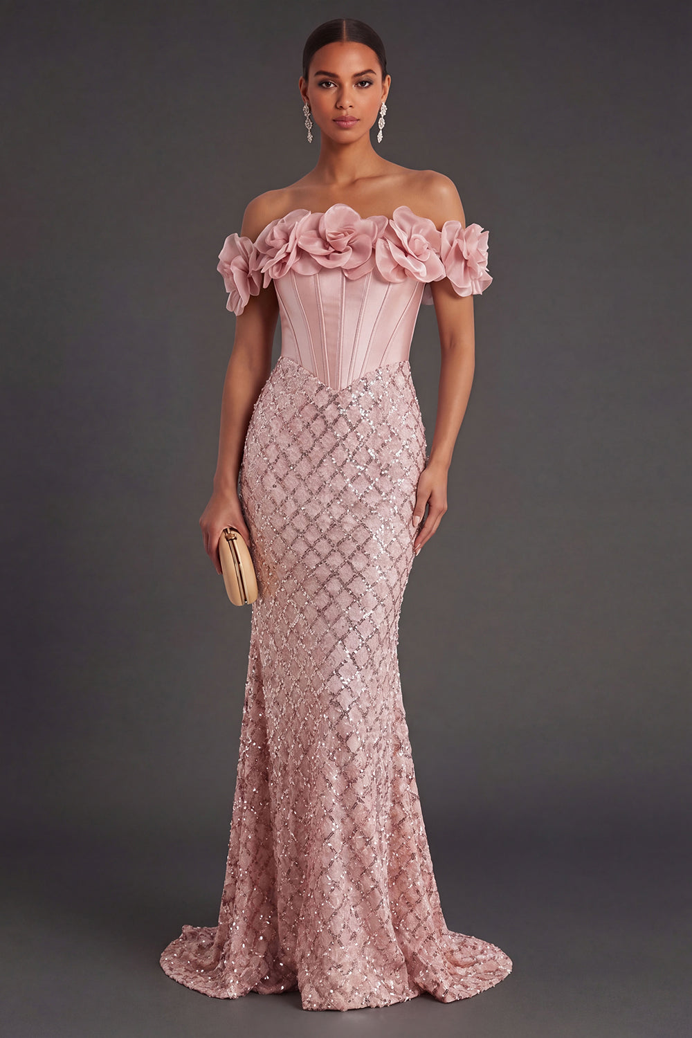 Leely Women Blush Mermaid Corset Long Wedding Guest Dress with 3D Flower Off the Shoulder Sparkly Pageant Dress