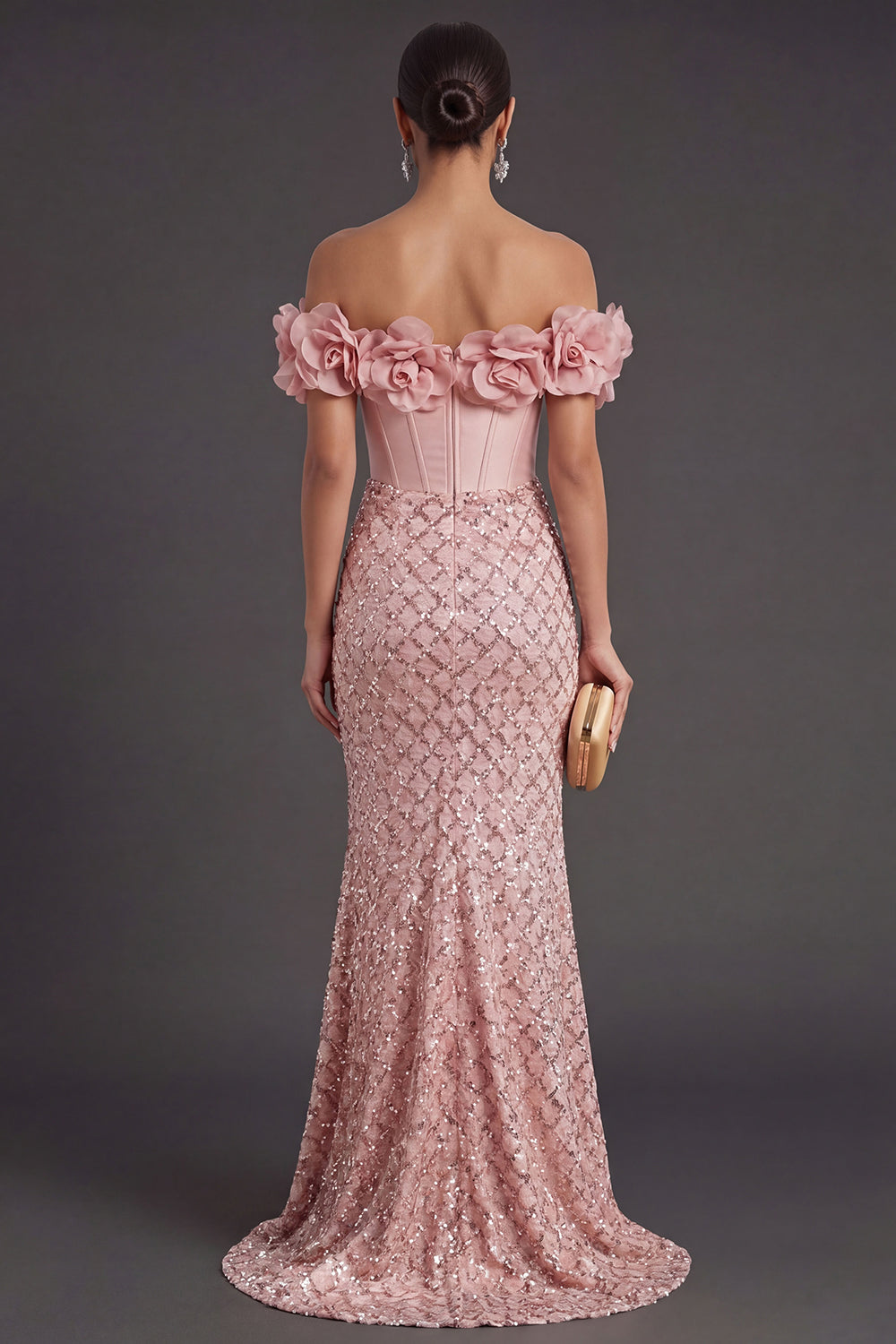 Blush Mermaid Corset Long Wedding Guest Dress with 3D Flower
