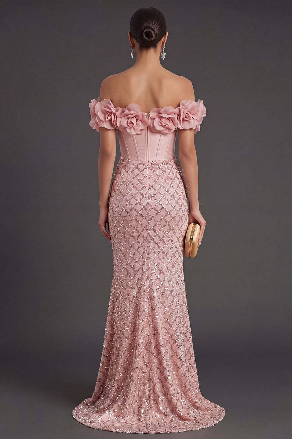 Blush Mermaid Corset Long Wedding Guest Dress with 3D Flower