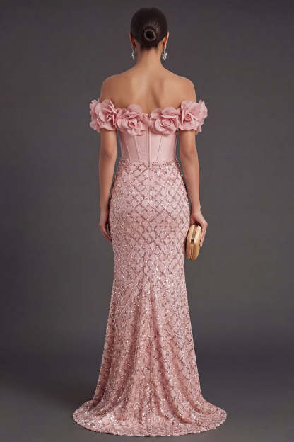 Blush Mermaid Corset Long Wedding Guest Dress with 3D Flower