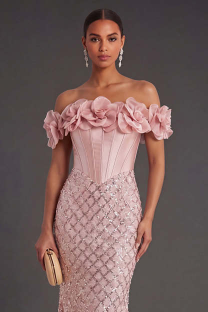 Blush Mermaid Corset Long Wedding Guest Dress with 3D Flower