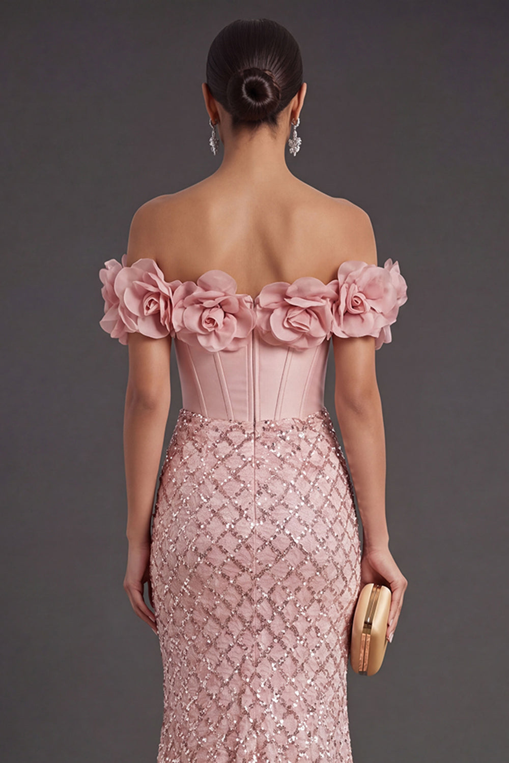 Blush Mermaid Corset Long Wedding Guest Dress with 3D Flower