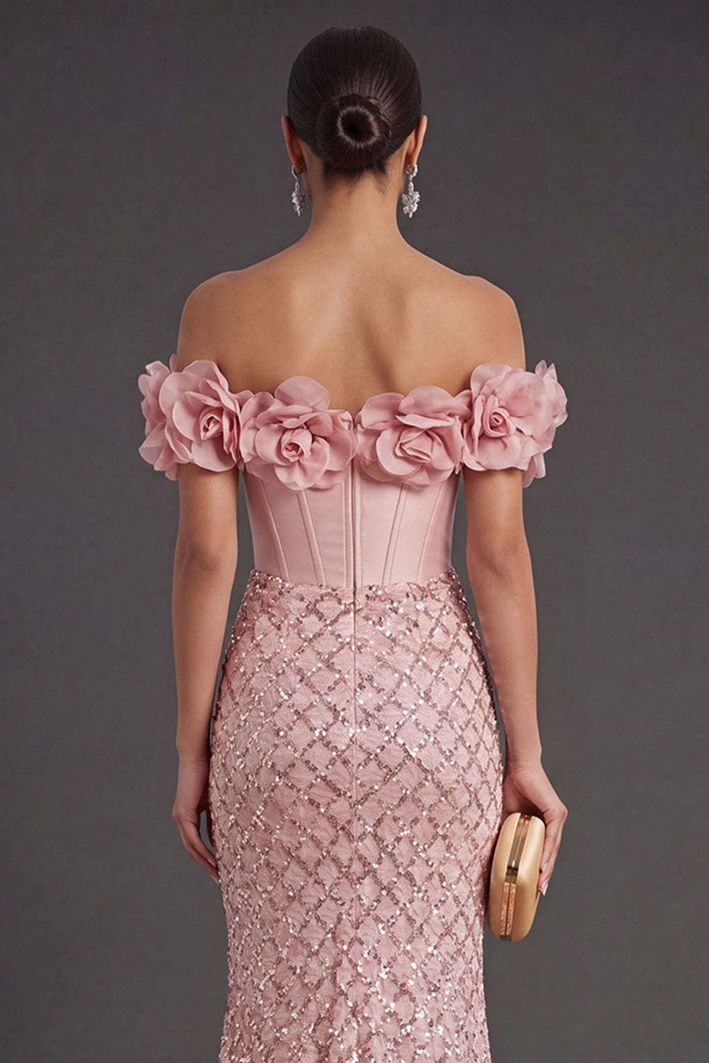 Blush Mermaid Corset Long Wedding Guest Dress with 3D Flower