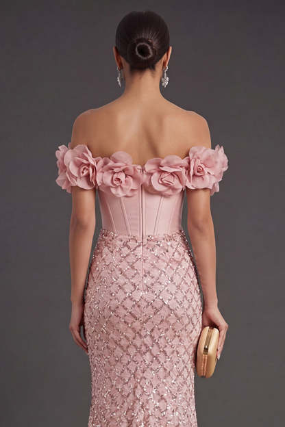 Blush Mermaid Corset Long Wedding Guest Dress with 3D Flower