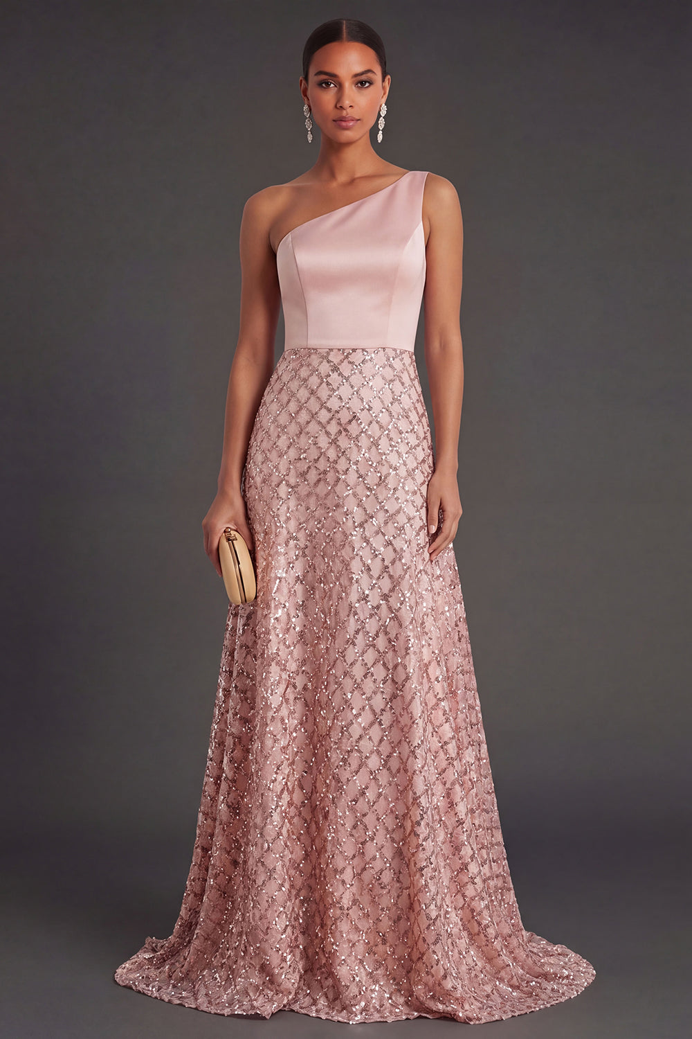 Leely Women A Line One Shoulder Blush Long Wedding Guest Dress Backless Sleeveless Formal Dress