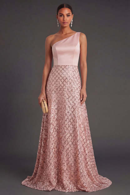 Leely Women A Line One Shoulder Blush Long Wedding Guest Dress Backless Sleeveless Formal Dress