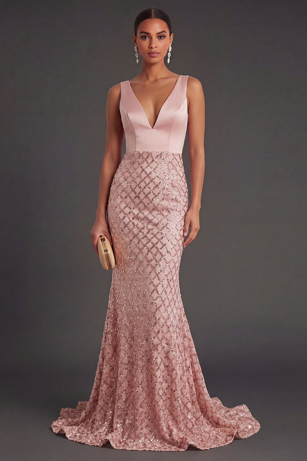Leely Women Sparkly Mermaid Blush Long Wedding Guest Dress Backless V Neck Sleeveless Formal Dress