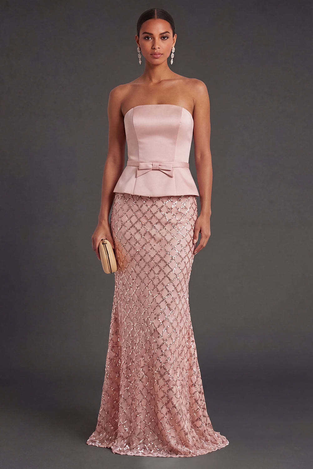 Leely Women Satin Blush Mermaid Long Wedding Guest Dress Strapless Backless Formal Dress