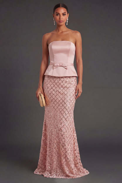 Leely Women Satin Blush Mermaid Long Wedding Guest Dress Strapless Backless Formal Dress
