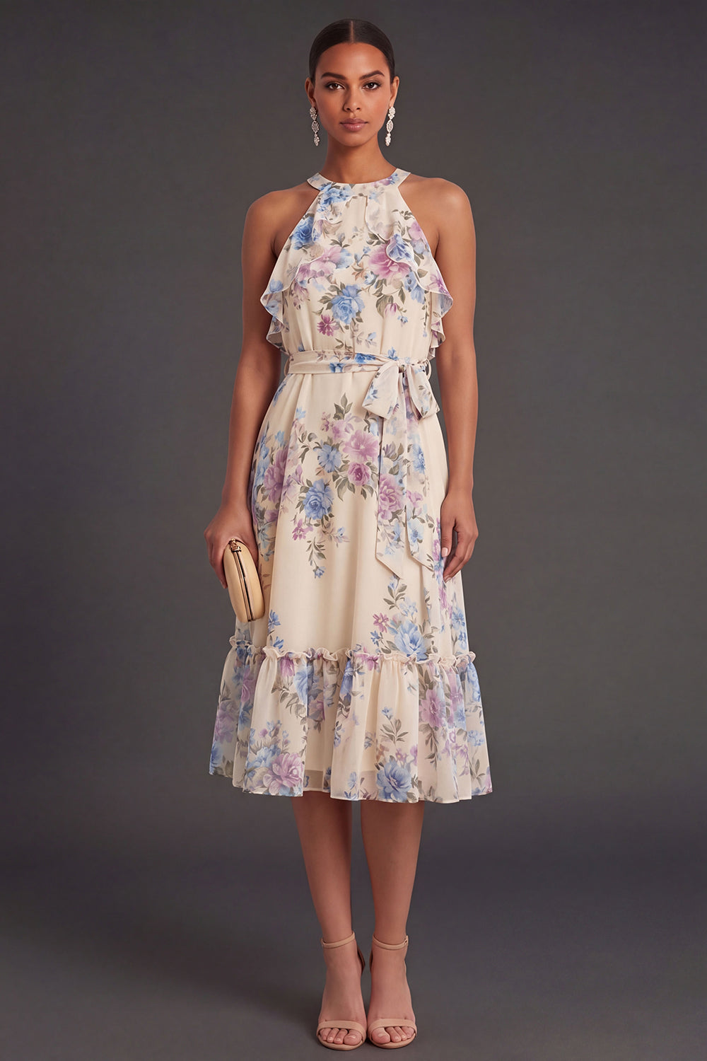 Leely Women Apricot Floral Halter Neck Midi Wedding Guest Dress Backless Sleeveless A Line Garden Party Dress