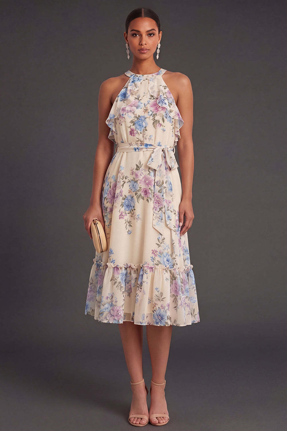 Leely Women Apricot Floral Halter Neck Midi Wedding Guest Dress Backless Sleeveless A Line Garden Party Dress
