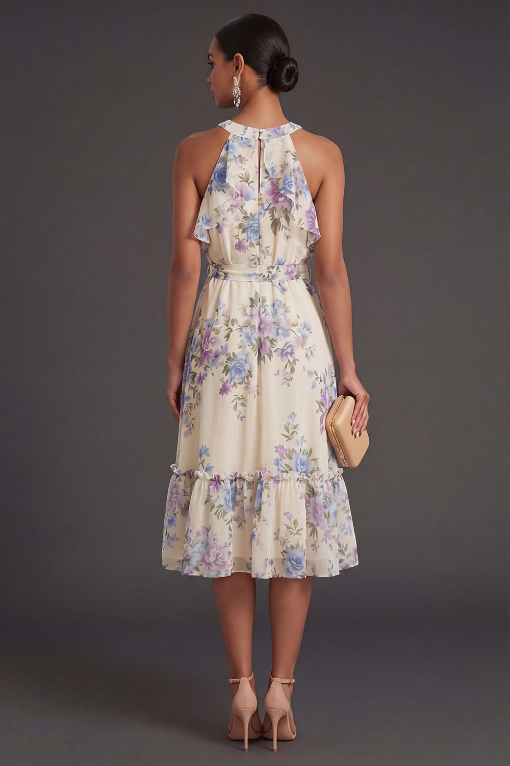 Apricot Floral Halter Neck Midi Wedding Guest Dress