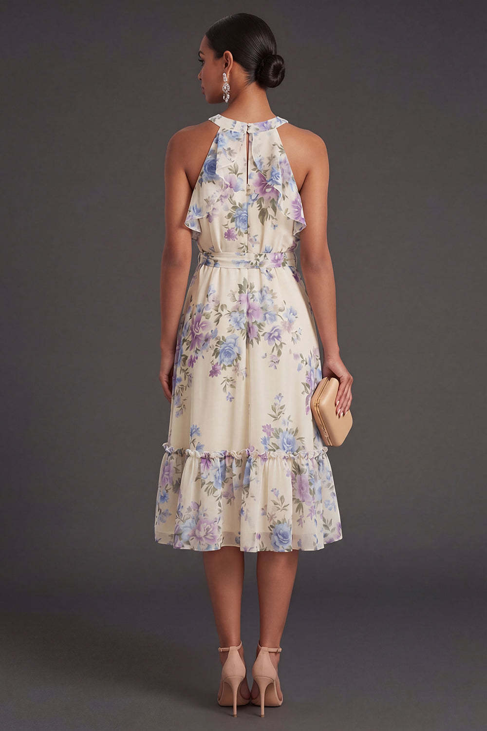 Apricot Floral Halter Neck Midi Wedding Guest Dress